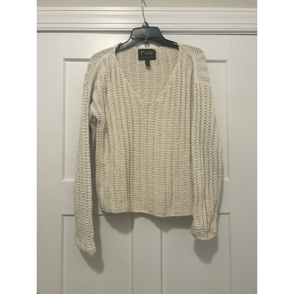 Pure Handknit Women Ivory Cotton Knit V Neck Sweater Size Medium Large Chunky